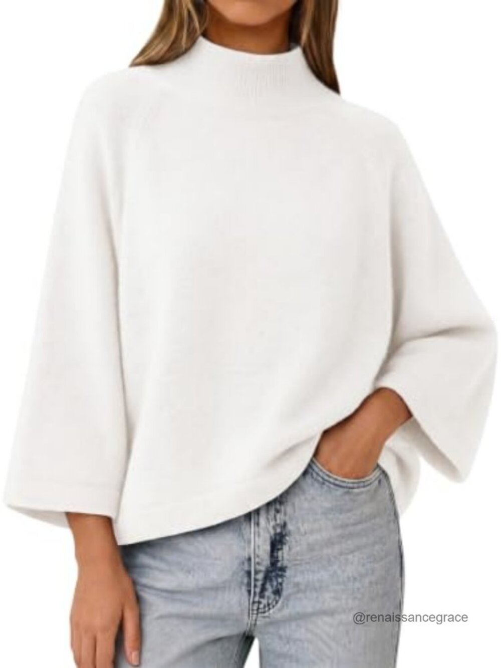 Womens 3/4 Bell Sleeve Mock Neck Oversized Knit Sweater Pullover Top